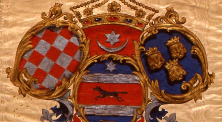 Povijesni grbovi hrvatskih zemalja Hrvatske, Slavonije i Dalmacije 
na instalacijskoj zastavi bana Josipa Šokčevića, 1860. g., HPM/PMH-1637